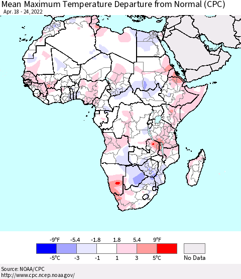 Africa Mean Maximum Temperature Departure from Normal (CPC) Thematic Map For 4/18/2022 - 4/24/2022