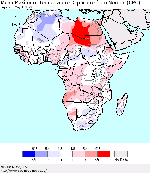 Africa Mean Maximum Temperature Departure from Normal (CPC) Thematic Map For 4/25/2022 - 5/1/2022