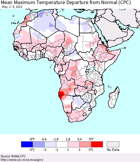 Africa Mean Maximum Temperature Departure from Normal (CPC) Thematic Map For 5/2/2022 - 5/8/2022