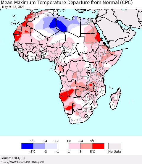 Africa Mean Maximum Temperature Departure from Normal (CPC) Thematic Map For 5/9/2022 - 5/15/2022