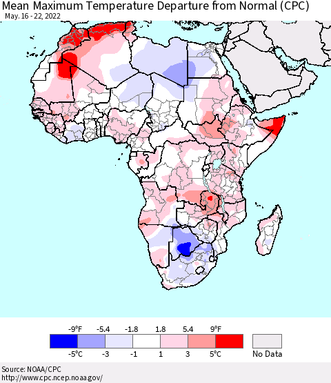 Africa Mean Maximum Temperature Departure from Normal (CPC) Thematic Map For 5/16/2022 - 5/22/2022