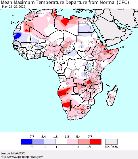 Africa Mean Maximum Temperature Departure from Normal (CPC) Thematic Map For 5/23/2022 - 5/29/2022