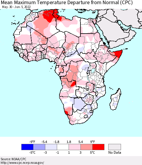 Africa Mean Maximum Temperature Departure from Normal (CPC) Thematic Map For 5/30/2022 - 6/5/2022