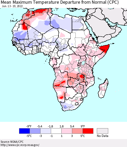 Africa Mean Maximum Temperature Departure from Normal (CPC) Thematic Map For 6/13/2022 - 6/19/2022