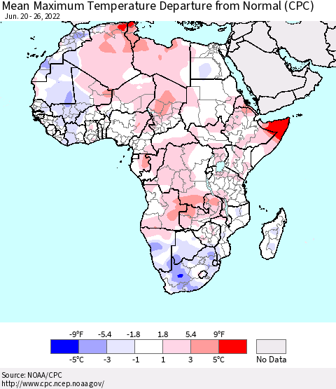 Africa Mean Maximum Temperature Departure from Normal (CPC) Thematic Map For 6/20/2022 - 6/26/2022
