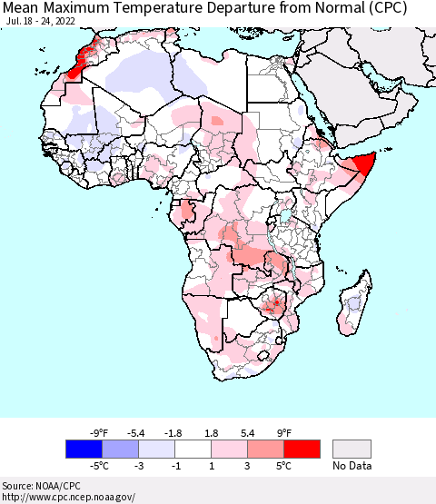 Africa Mean Maximum Temperature Departure from Normal (CPC) Thematic Map For 7/18/2022 - 7/24/2022