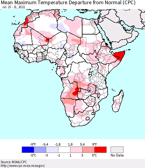 Africa Mean Maximum Temperature Departure from Normal (CPC) Thematic Map For 7/25/2022 - 7/31/2022