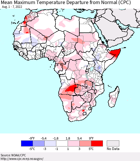 Africa Mean Maximum Temperature Departure from Normal (CPC) Thematic Map For 8/1/2022 - 8/7/2022