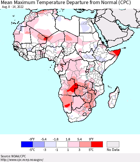 Africa Mean Maximum Temperature Departure from Normal (CPC) Thematic Map For 8/8/2022 - 8/14/2022