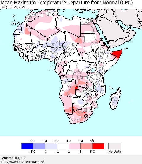 Africa Mean Maximum Temperature Departure from Normal (CPC) Thematic Map For 8/22/2022 - 8/28/2022