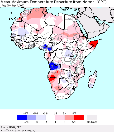 Africa Mean Maximum Temperature Departure from Normal (CPC) Thematic Map For 8/29/2022 - 9/4/2022