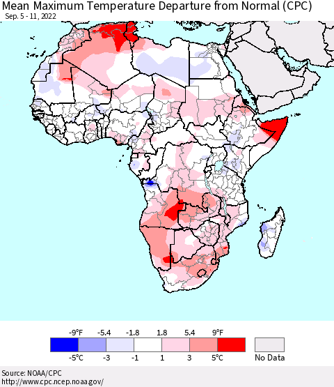Africa Mean Maximum Temperature Departure from Normal (CPC) Thematic Map For 9/5/2022 - 9/11/2022