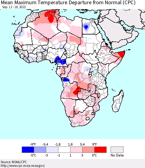 Africa Mean Maximum Temperature Departure from Normal (CPC) Thematic Map For 9/12/2022 - 9/18/2022