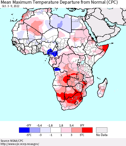 Africa Mean Maximum Temperature Departure from Normal (CPC) Thematic Map For 10/3/2022 - 10/9/2022