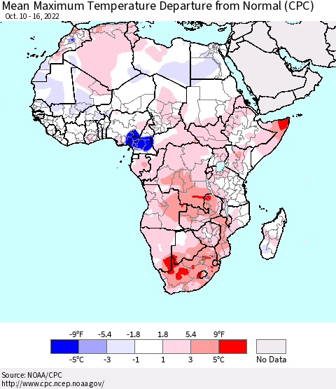 Africa Mean Maximum Temperature Departure from Normal (CPC) Thematic Map For 10/10/2022 - 10/16/2022