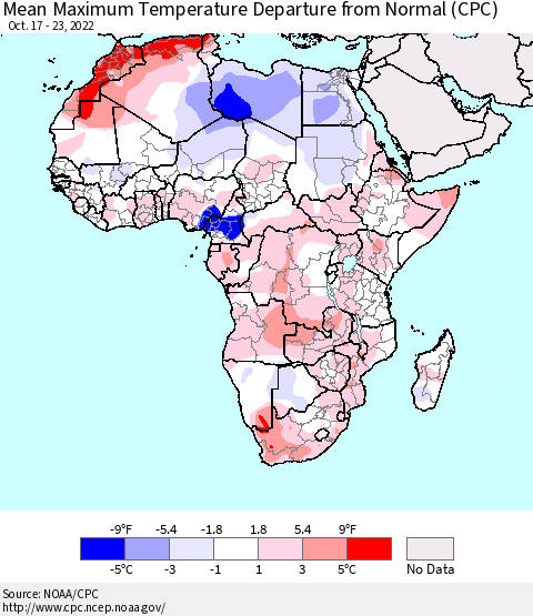 Africa Mean Maximum Temperature Departure from Normal (CPC) Thematic Map For 10/17/2022 - 10/23/2022