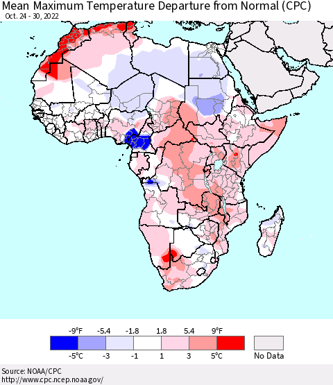 Africa Mean Maximum Temperature Departure from Normal (CPC) Thematic Map For 10/24/2022 - 10/30/2022