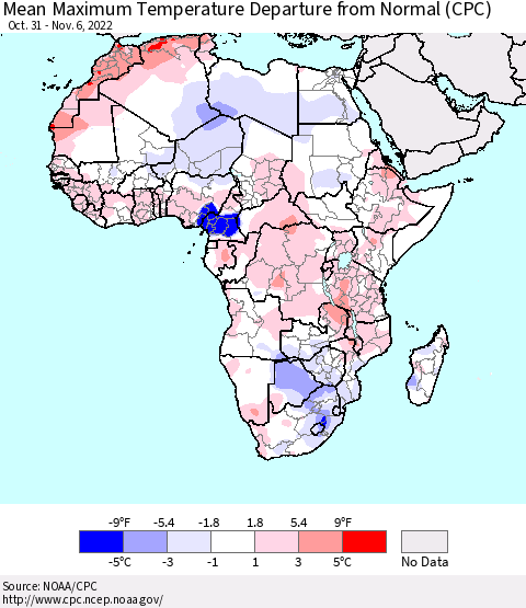 Africa Mean Maximum Temperature Departure from Normal (CPC) Thematic Map For 10/31/2022 - 11/6/2022
