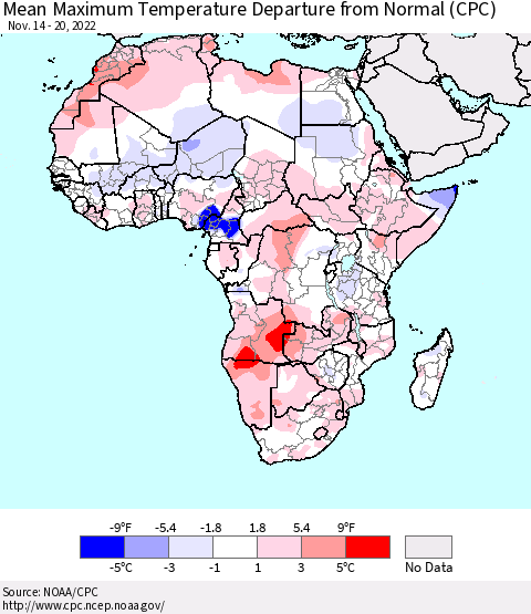 Africa Mean Maximum Temperature Departure from Normal (CPC) Thematic Map For 11/14/2022 - 11/20/2022