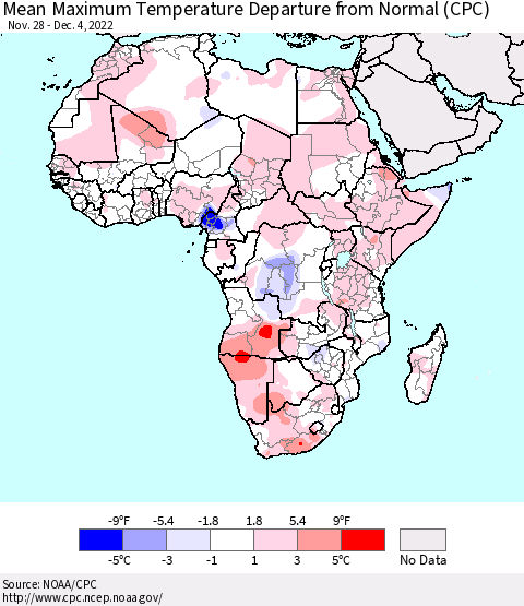 Africa Mean Maximum Temperature Departure from Normal (CPC) Thematic Map For 11/28/2022 - 12/4/2022