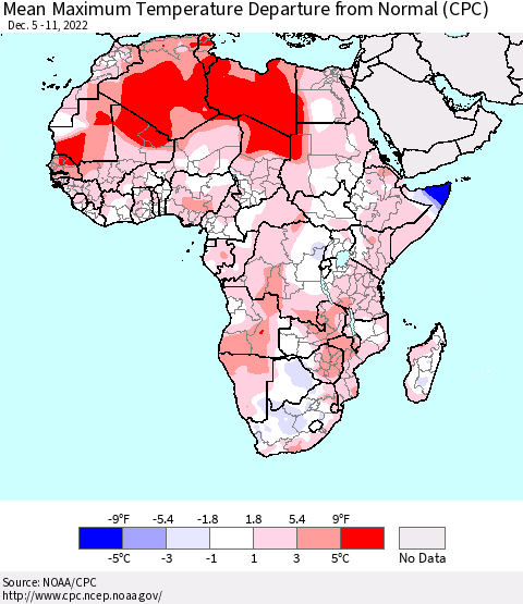 Africa Mean Maximum Temperature Departure from Normal (CPC) Thematic Map For 12/5/2022 - 12/11/2022