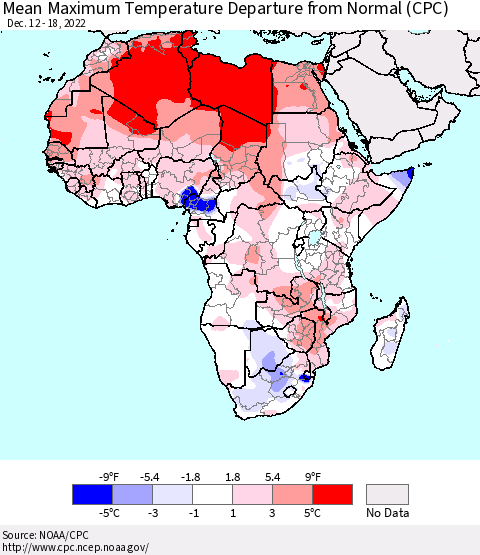 Africa Mean Maximum Temperature Departure from Normal (CPC) Thematic Map For 12/12/2022 - 12/18/2022
