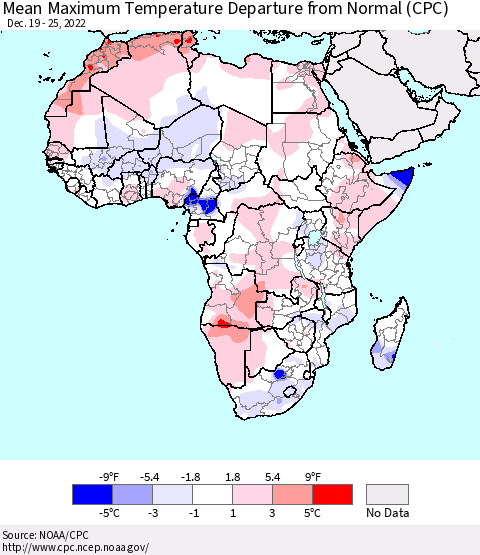 Africa Mean Maximum Temperature Departure from Normal (CPC) Thematic Map For 12/19/2022 - 12/25/2022