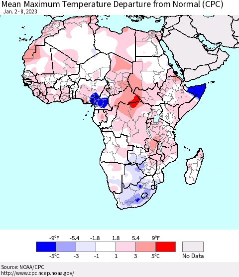 Africa Mean Maximum Temperature Departure from Normal (CPC) Thematic Map For 1/2/2023 - 1/8/2023