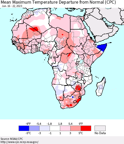 Africa Mean Maximum Temperature Departure from Normal (CPC) Thematic Map For 1/16/2023 - 1/22/2023