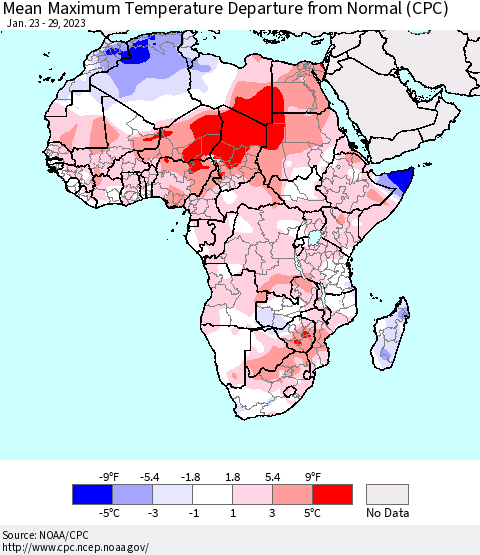 Africa Mean Maximum Temperature Departure from Normal (CPC) Thematic Map For 1/23/2023 - 1/29/2023