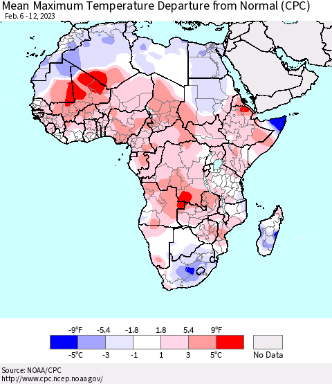 Africa Mean Maximum Temperature Departure from Normal (CPC) Thematic Map For 2/6/2023 - 2/12/2023