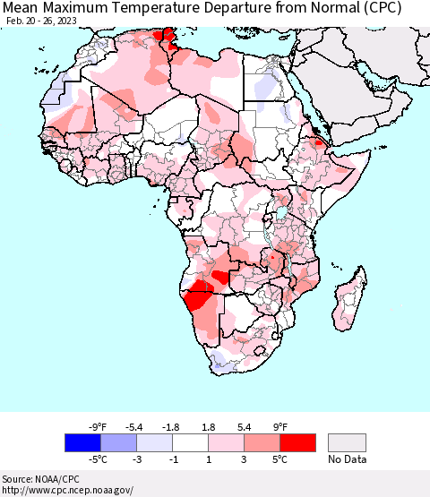 Africa Mean Maximum Temperature Departure from Normal (CPC) Thematic Map For 2/20/2023 - 2/26/2023