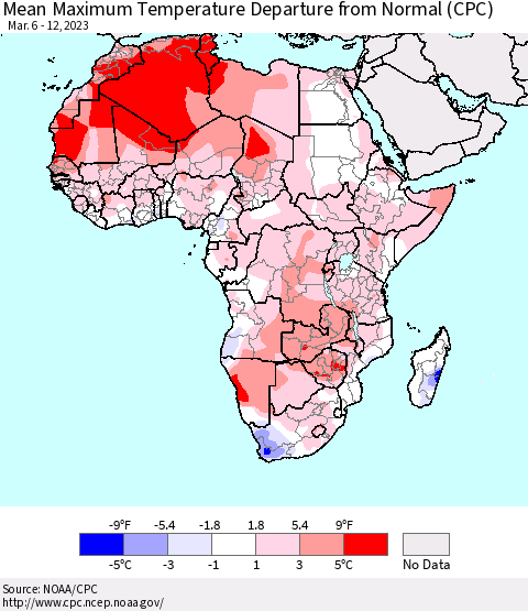 Africa Mean Maximum Temperature Departure from Normal (CPC) Thematic Map For 3/6/2023 - 3/12/2023