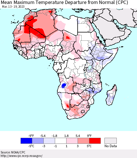 Africa Mean Maximum Temperature Departure from Normal (CPC) Thematic Map For 3/13/2023 - 3/19/2023