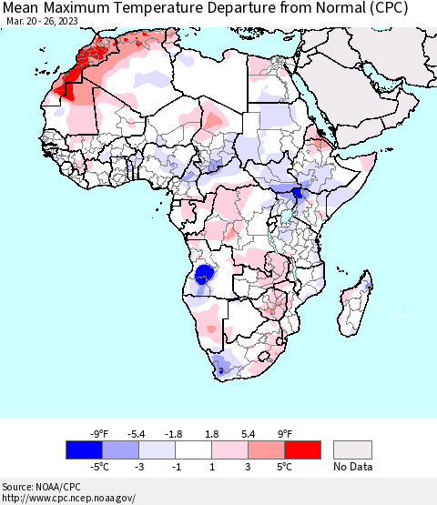 Africa Mean Maximum Temperature Departure from Normal (CPC) Thematic Map For 3/20/2023 - 3/26/2023