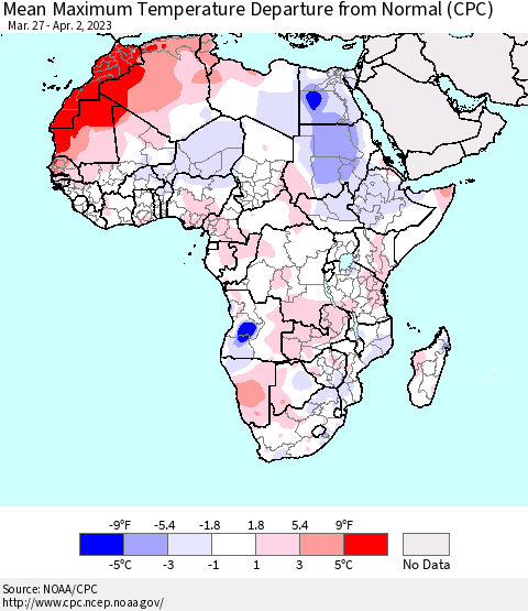 Africa Mean Maximum Temperature Departure from Normal (CPC) Thematic Map For 3/27/2023 - 4/2/2023