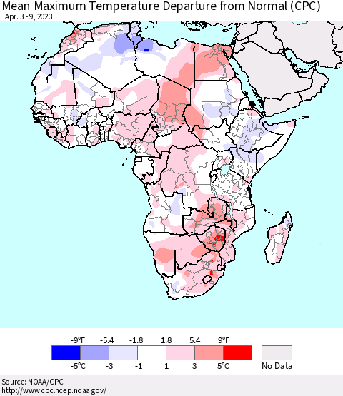 Africa Mean Maximum Temperature Departure from Normal (CPC) Thematic Map For 4/3/2023 - 4/9/2023