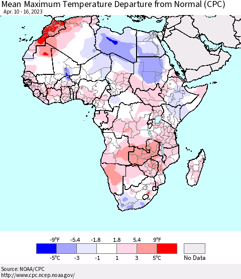 Africa Mean Maximum Temperature Departure from Normal (CPC) Thematic Map For 4/10/2023 - 4/16/2023