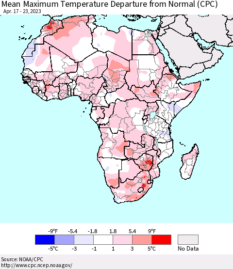 Africa Mean Maximum Temperature Departure from Normal (CPC) Thematic Map For 4/17/2023 - 4/23/2023