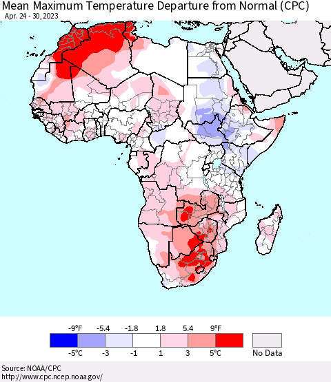Africa Mean Maximum Temperature Departure from Normal (CPC) Thematic Map For 4/24/2023 - 4/30/2023