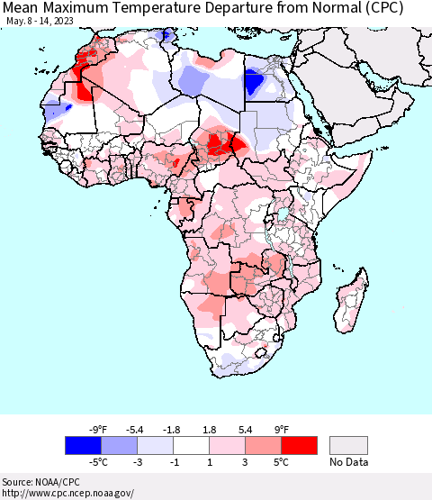 Africa Mean Maximum Temperature Departure from Normal (CPC) Thematic Map For 5/8/2023 - 5/14/2023