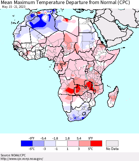 Africa Mean Maximum Temperature Departure from Normal (CPC) Thematic Map For 5/15/2023 - 5/21/2023