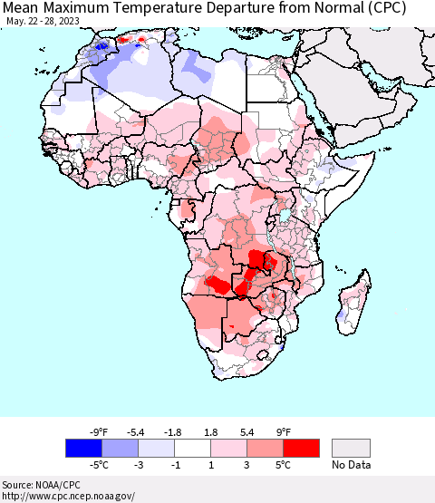 Africa Mean Maximum Temperature Departure from Normal (CPC) Thematic Map For 5/22/2023 - 5/28/2023