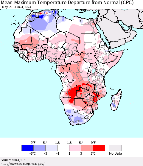 Africa Mean Maximum Temperature Departure from Normal (CPC) Thematic Map For 5/29/2023 - 6/4/2023