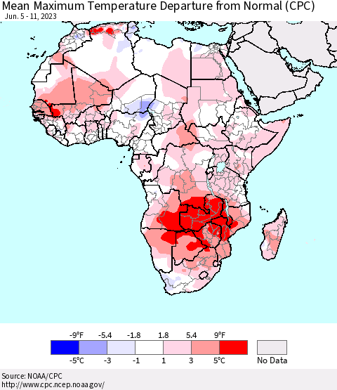 Africa Mean Maximum Temperature Departure from Normal (CPC) Thematic Map For 6/5/2023 - 6/11/2023