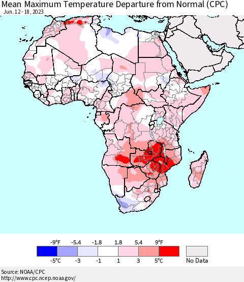 Africa Mean Maximum Temperature Departure from Normal (CPC) Thematic Map For 6/12/2023 - 6/18/2023