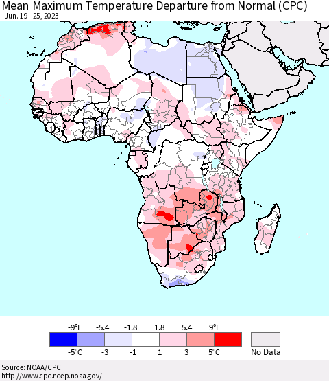 Africa Mean Maximum Temperature Departure from Normal (CPC) Thematic Map For 6/19/2023 - 6/25/2023