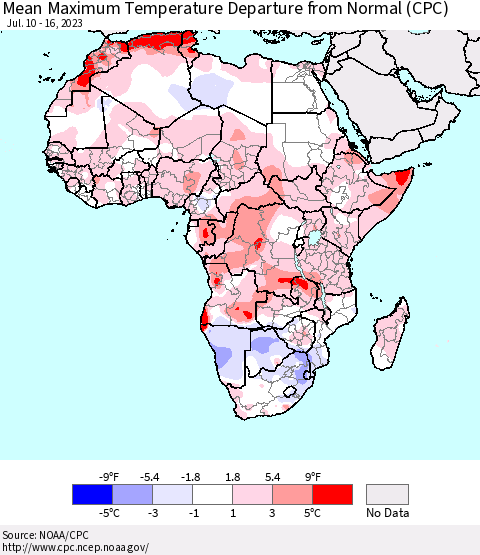 Africa Mean Maximum Temperature Departure from Normal (CPC) Thematic Map For 7/10/2023 - 7/16/2023