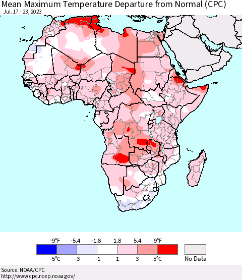Africa Mean Maximum Temperature Departure from Normal (CPC) Thematic Map For 7/17/2023 - 7/23/2023