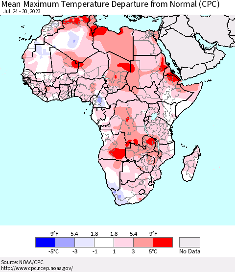 Africa Mean Maximum Temperature Departure from Normal (CPC) Thematic Map For 7/24/2023 - 7/30/2023